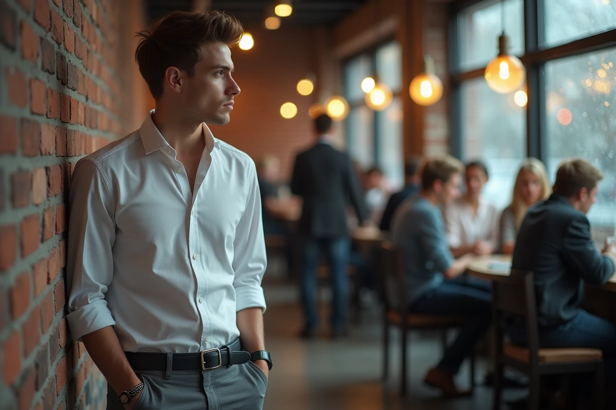 Jeune homme dans un café regardant par la fenêtre