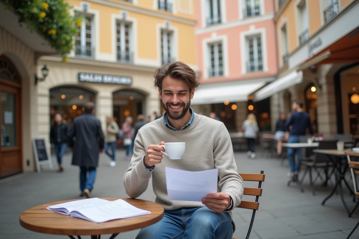 Jeune homme au café dans une ville française animée
