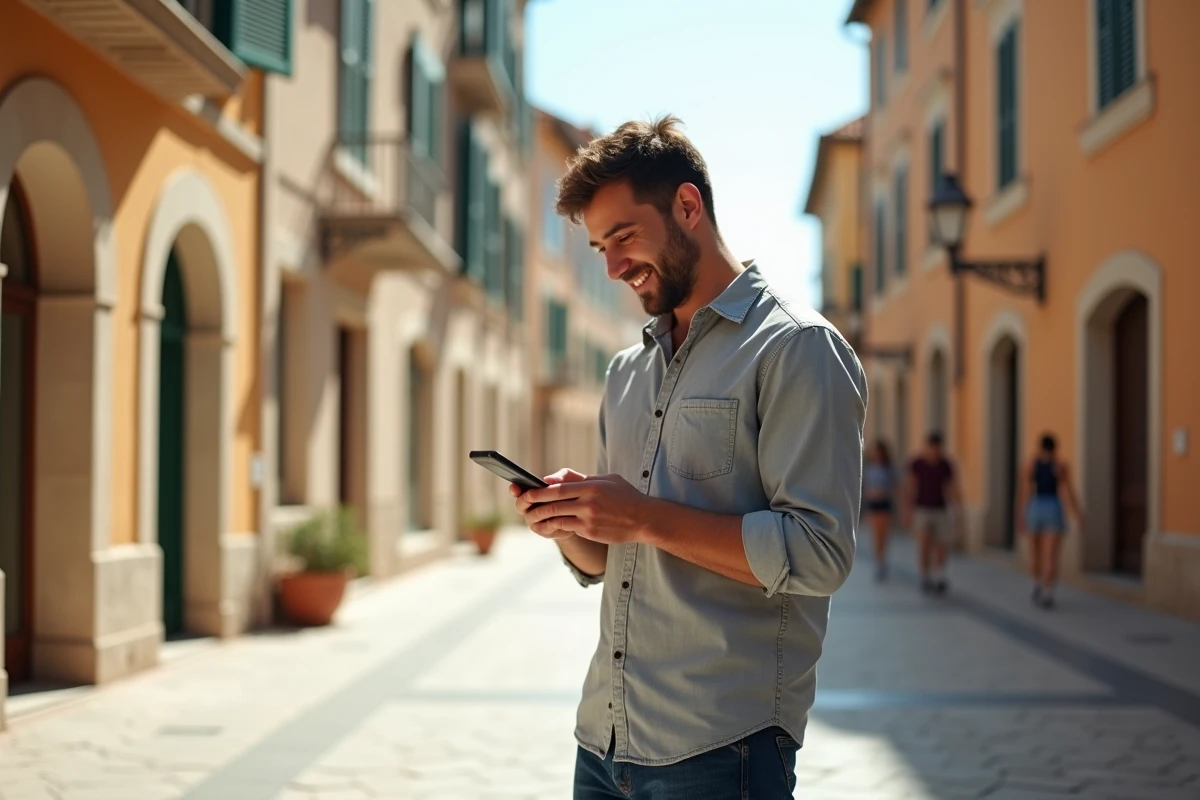 Jeune homme corse lisant les actualites dans une rue ancienne