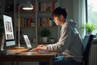 Jeune homme regardant un site manga sur son ordinateur portable