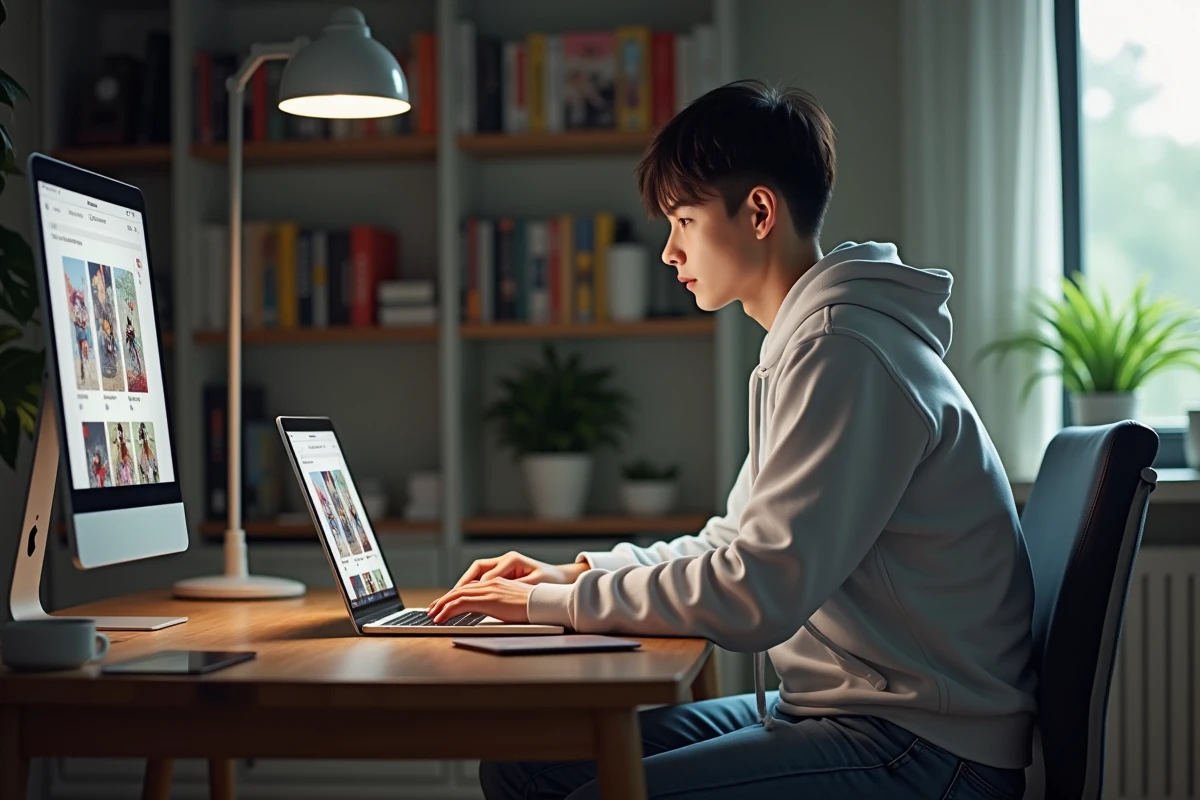 Jeune homme regardant un site manga sur son ordinateur portable