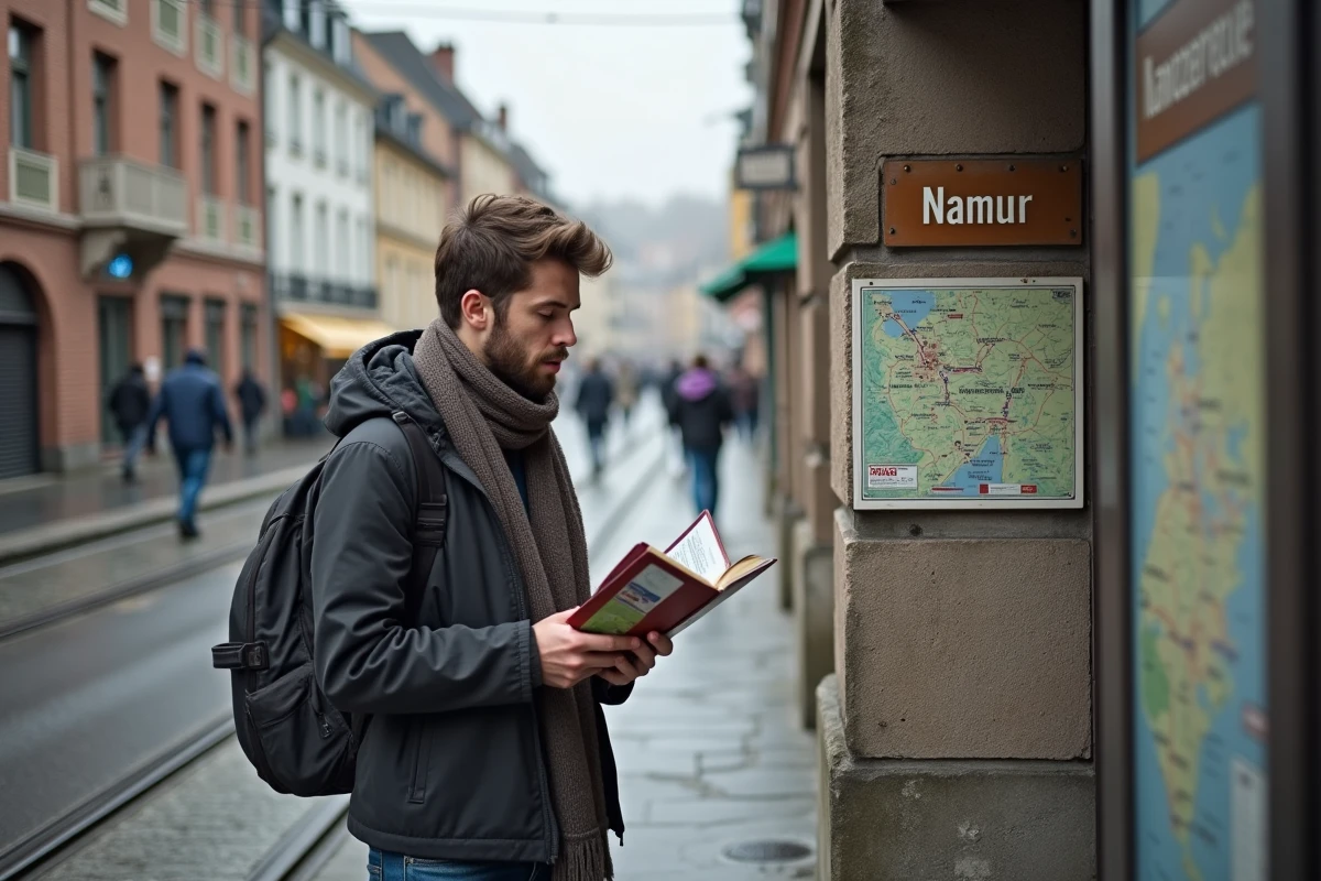 Jeune homme regardant une carte devant un panneau Namur en ville