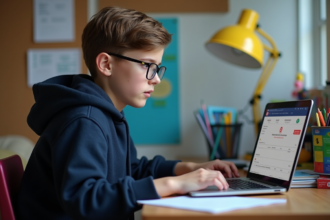 Adolescent concentré sur son ordinateur avec MBN dans sa chambre