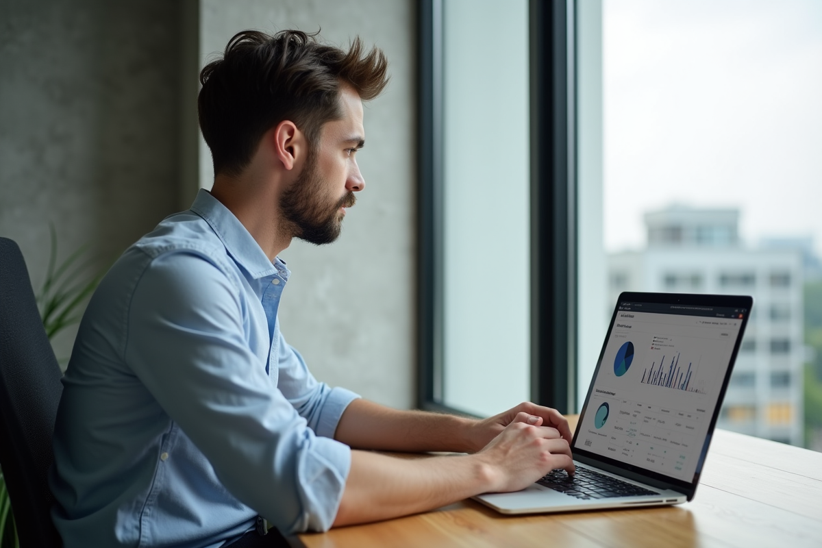 Jeune homme concentré utilisant un logiciel ERP sur son ordinateur portable