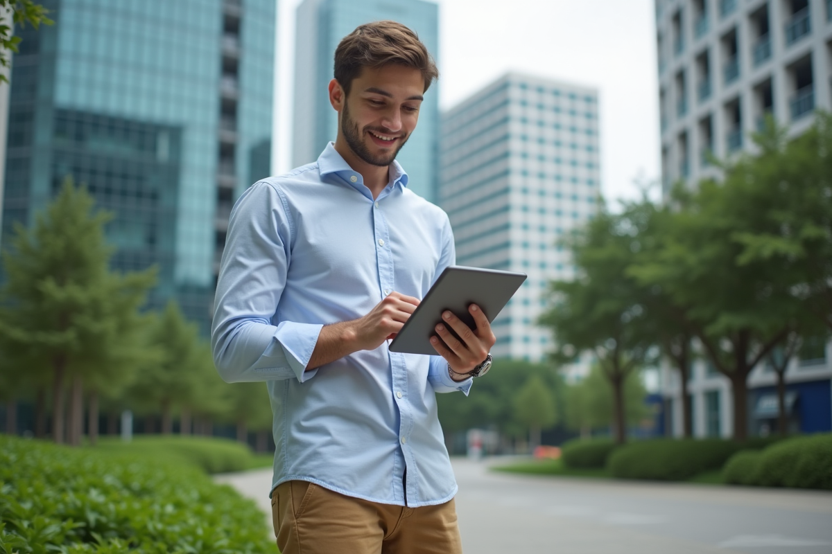 Jeune homme utilisant une tablette dans un parc urbain