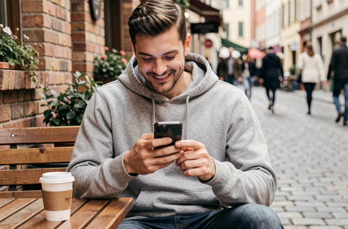 Jeune homme en terrasse de café envoyant un message WhatsApp en espagnol depuis son smartphone