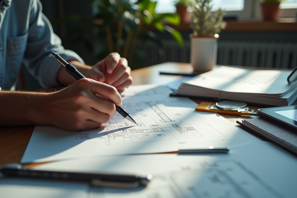 Étudiant concentré dessinant des plans mécaniques sur son bureau