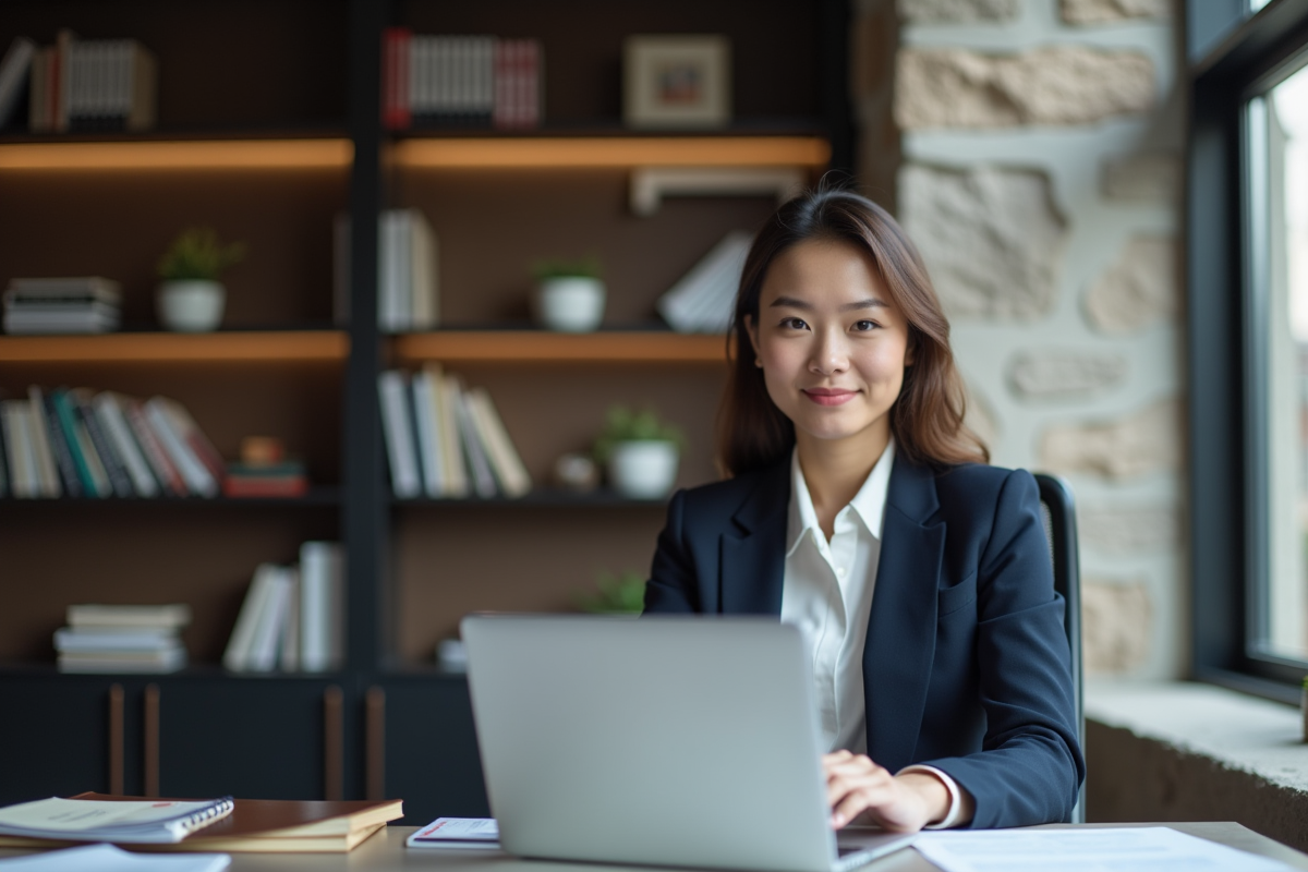 Jeune femme investisseuse travaillant à son bureau