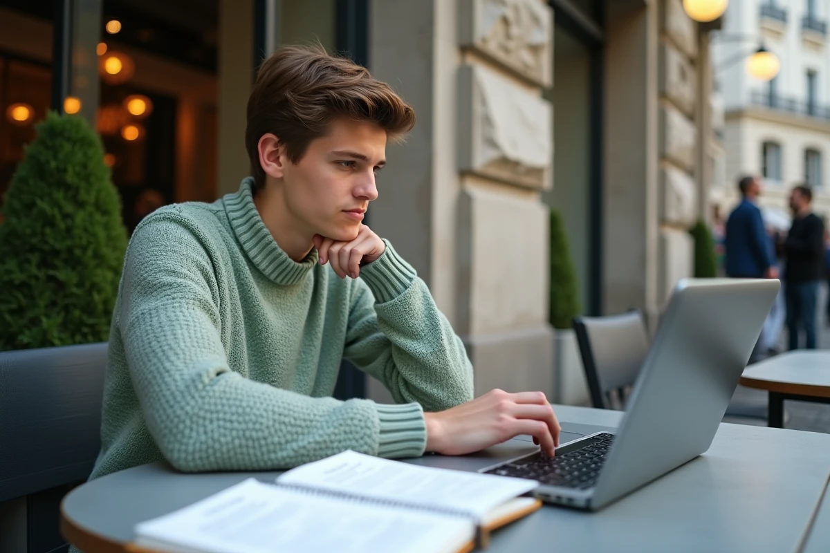 Jeune professionnel rédigeant une lettre administrative en terrasse de café avec des notes sur les formules de politesse