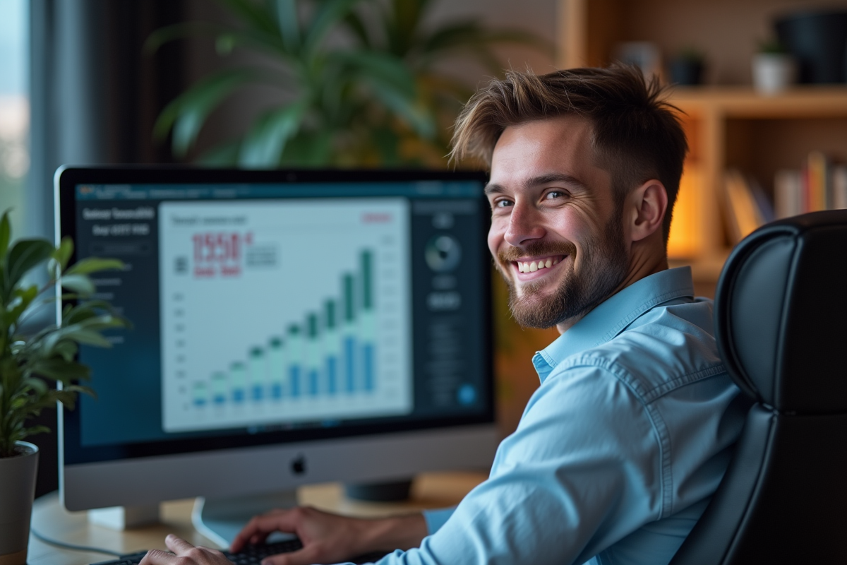 Jeune professionnel souriant vérifiant son salaire brut et net