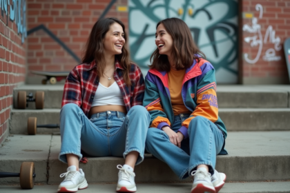Deux jeunes femmes souriantes dans la rue vintage