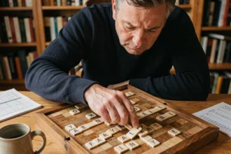 Joueur de Scrabble confirmé plaçant stratégiquement la lettre Y sur un plateau en bois dans une bibliothèque cosy
