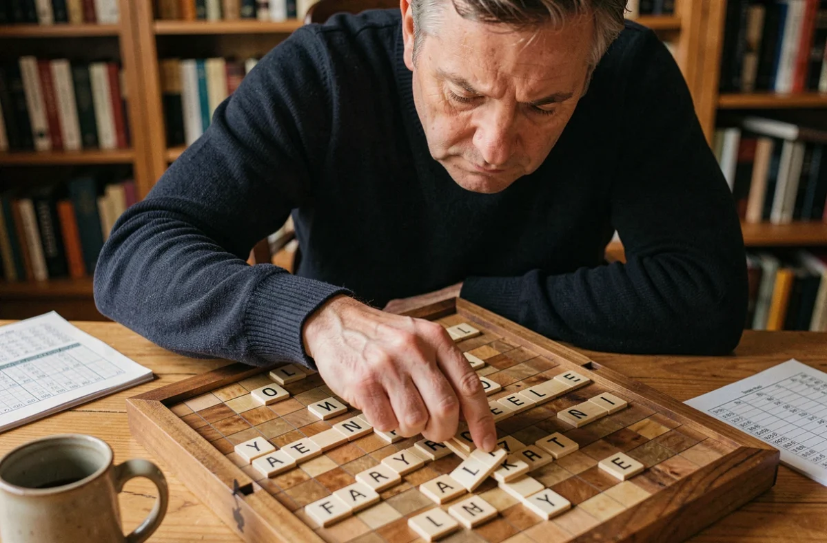 Joueur de Scrabble confirmé plaçant stratégiquement la lettre Y sur un plateau en bois dans une bibliothèque cosy