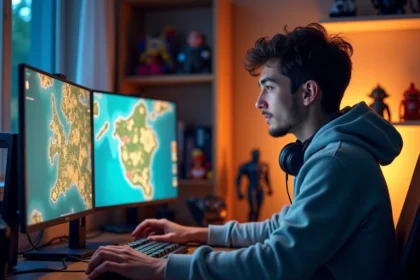 Joueur solo concentré sur une interface de portails dans un jeu de rôle fantasy sur double écran, ambiance bureau gaming cosy