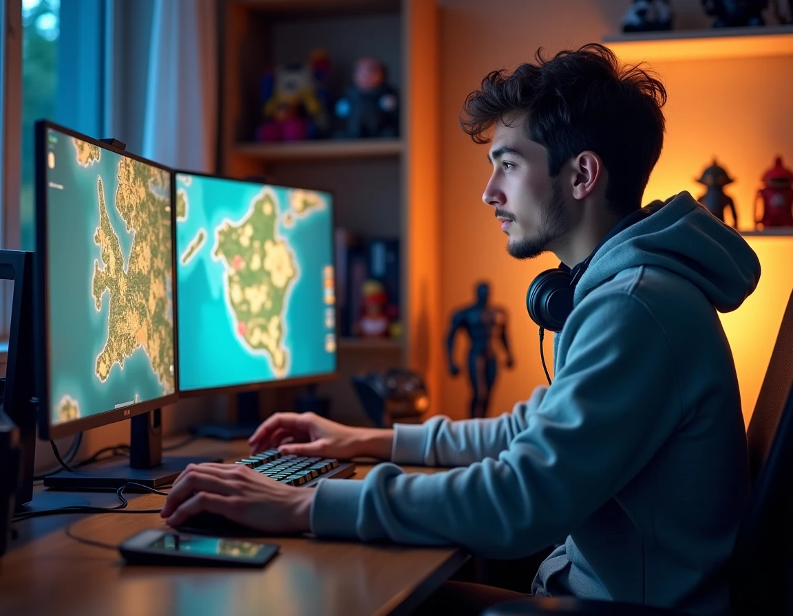 Joueur solo concentré sur une interface de portails dans un jeu de rôle fantasy sur double écran, ambiance bureau gaming cosy
