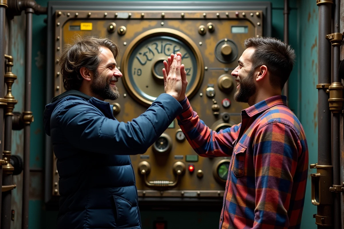 Deux joueurs célébrant la résolution d'une énigme dans un escape game steampunk à Lyon