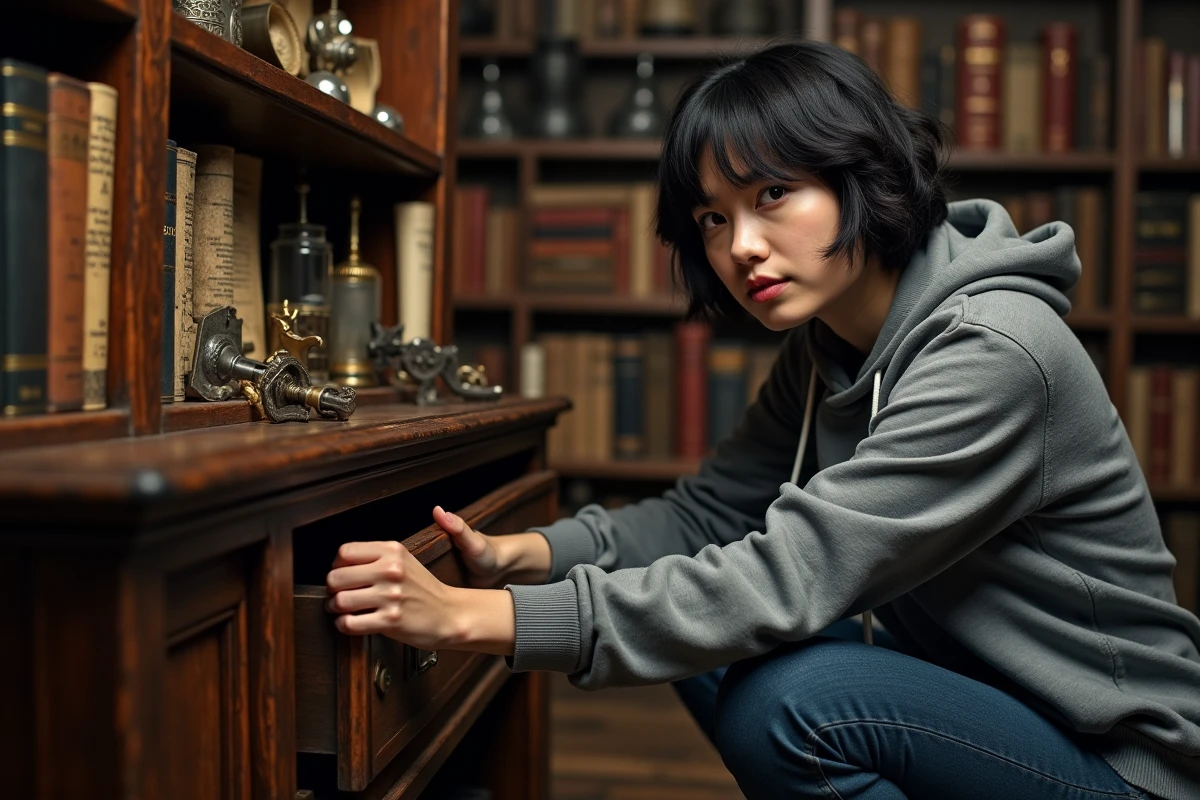 Joueuse inspectant un meuble mystérieux dans une salle d'escape game thématique de Lyon