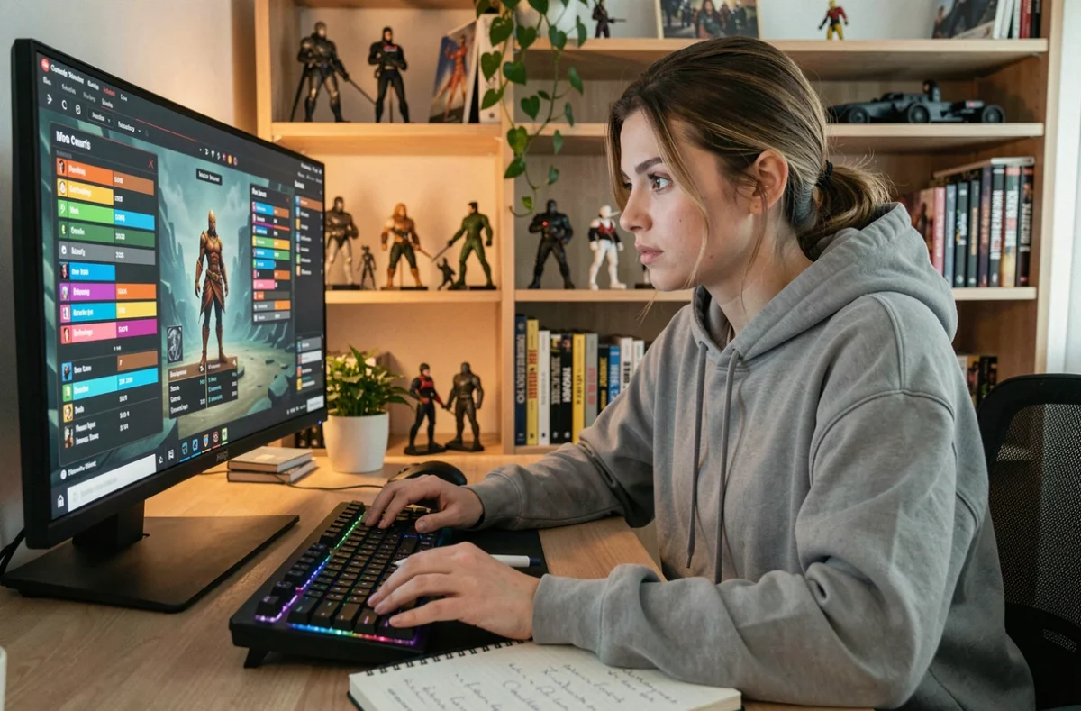 Joueuse concentrée optimisant les statistiques de son personnage RPG sur un écran d'ordinateur avec des notes manuscrites