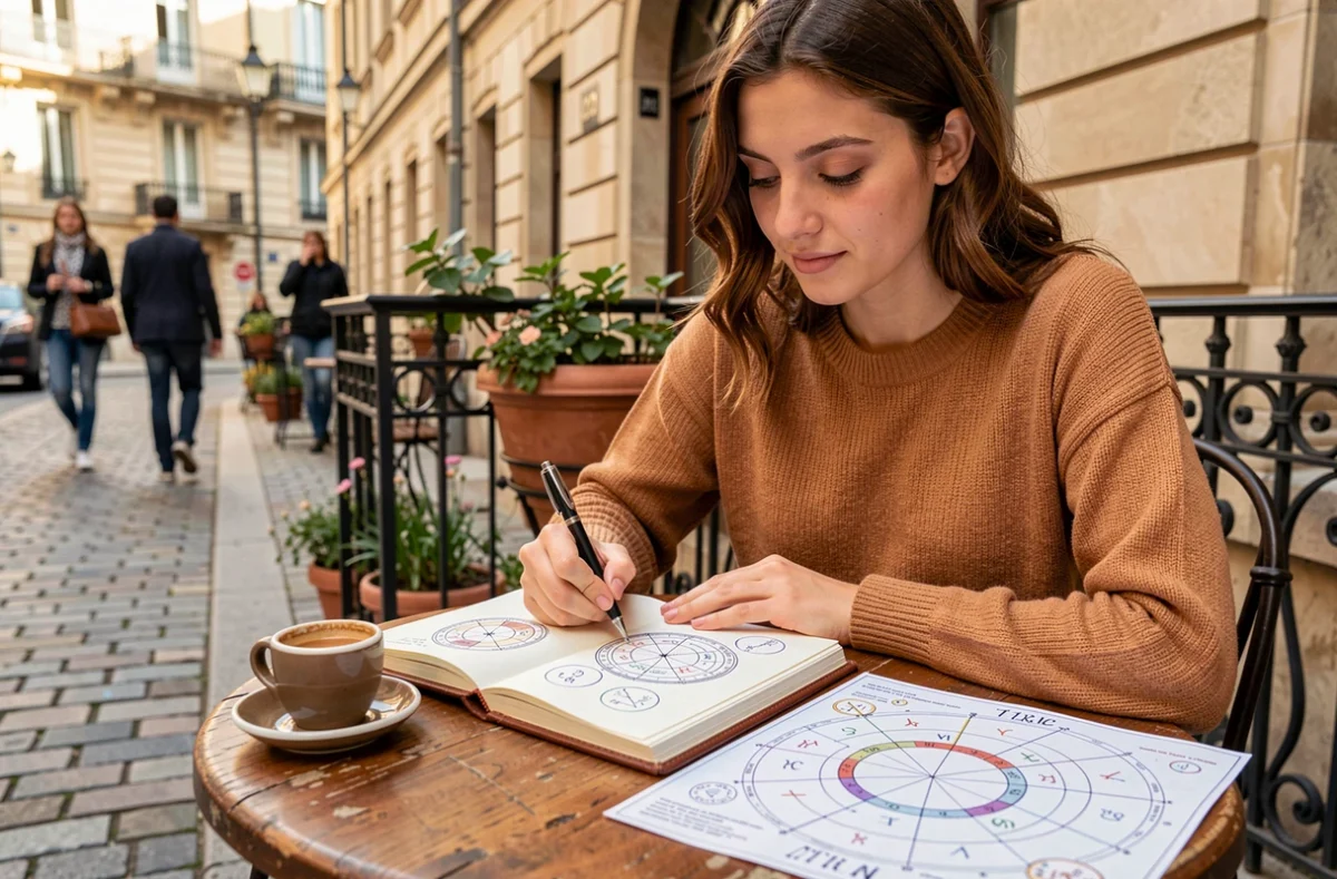 Jeune femme écrivant dans un journal astral avec une roue du zodiaque dans un café parisien pour explorer son avenir du 12 juillet