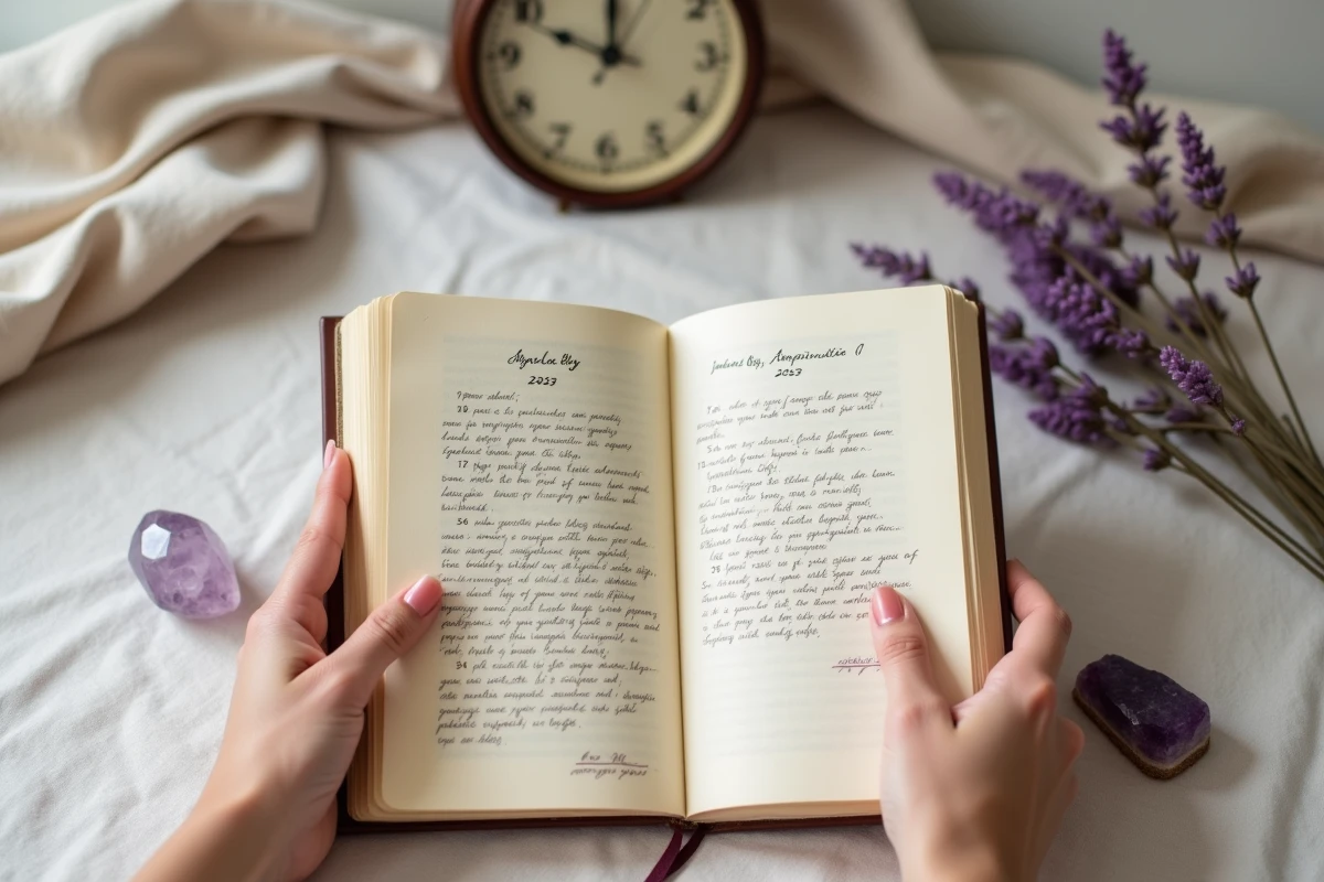 Mains féminines tenant un journal sur les heures miroirs avec une horloge affichant 23h23 en arrière-plan, symbole de numérologie et d'amour