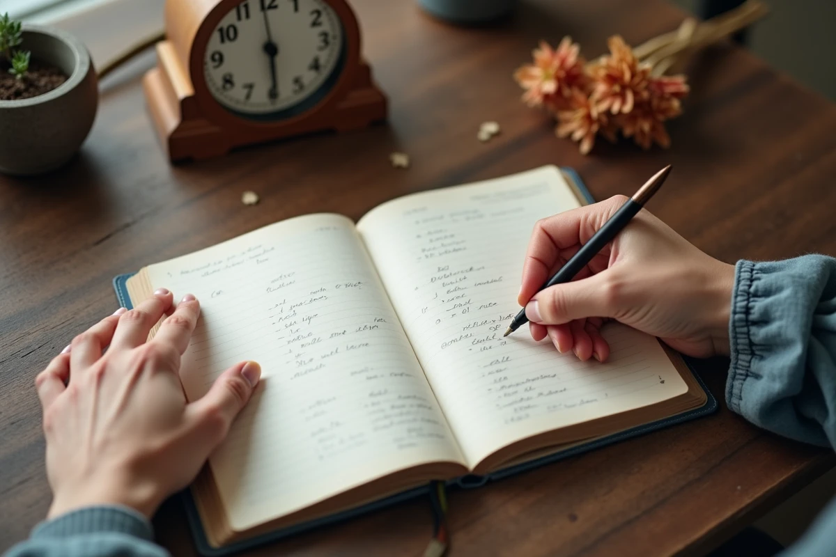 Mains féminines écrivant dans un journal intime avec une horloge indiquant 01h10, symbolisant l'heure miroir inversée