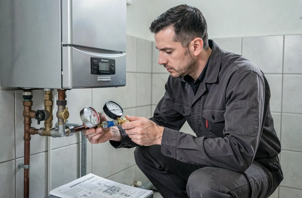 Technicien JPP Service en plomberie et chauffage vérifiant une chaudière murale dans une maison de l'Hérault