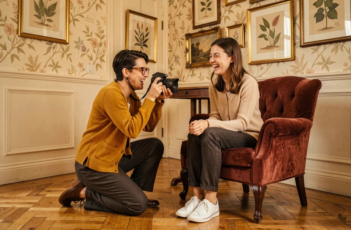 Julie Photographie en session dans un intérieur cosy français, photographiant une femme assise dans un fauteuil velours