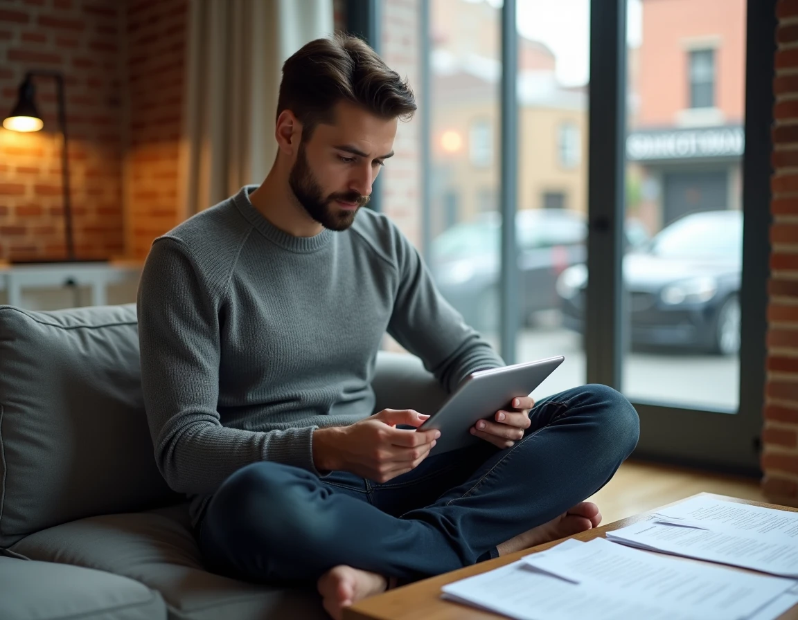 Jeune juriste consultant une plateforme de recherche juridique sur tablette depuis son espace de travail à domicile