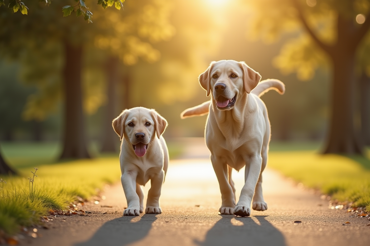 Labrador et chien nain marchant dans un parc ensoleille
