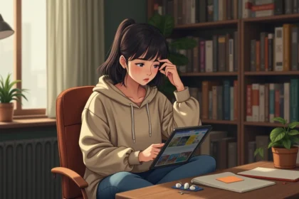 Jeune femme frustrée lisant un webtoon sur tablette, erreurs courantes des nouveaux lecteurs de Manytoon