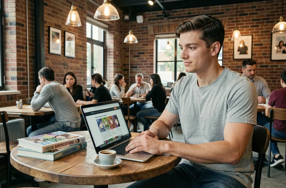 Jeune homme consultant un site de lecture de manga en ligne dans un café avec des volumes posés sur la table