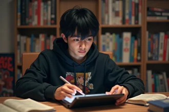 Jeune homme lisant un manga en version française sur une tablette dans sa chambre décorée de mangas et posters d'anime