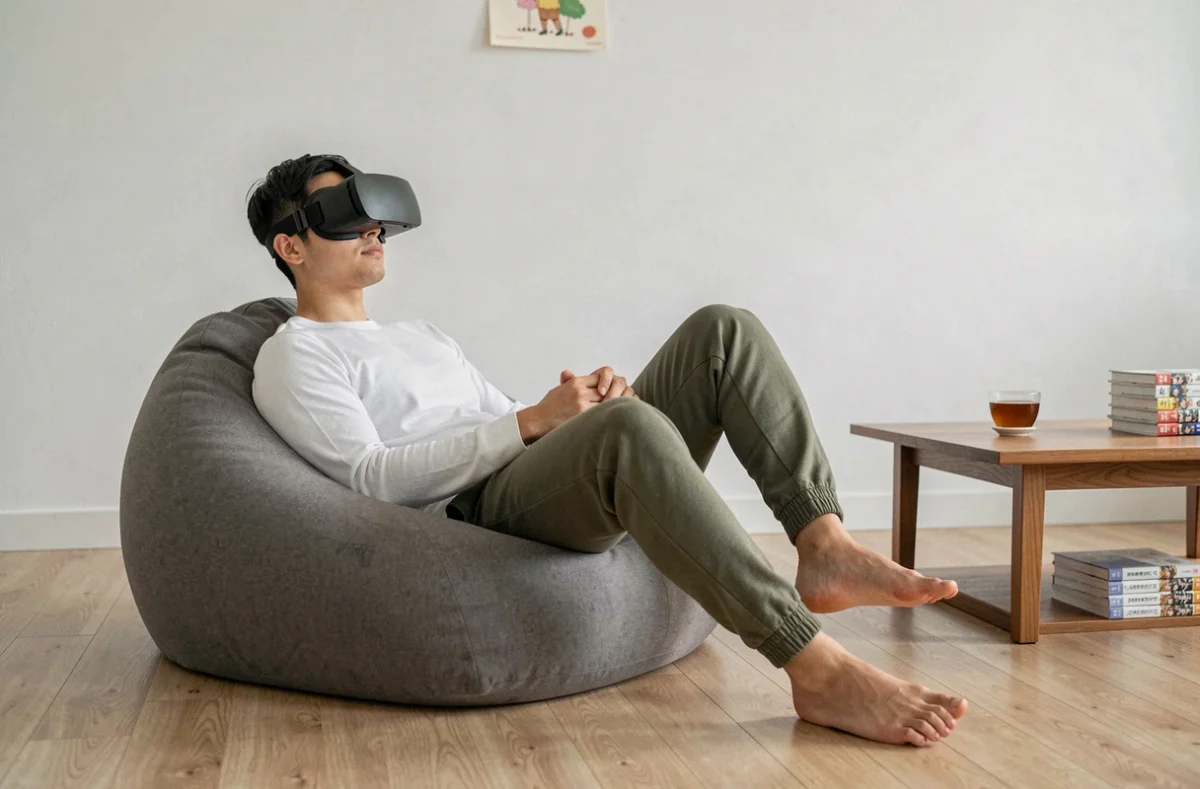 Homme installé dans un pouf avec un casque VR lisant des scans de One Piece dans un appartement moderne