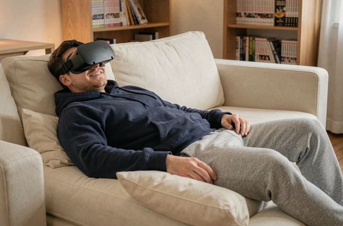 Homme allongé sur un canapé portant un casque VR pour lire des scans de manga One Piece