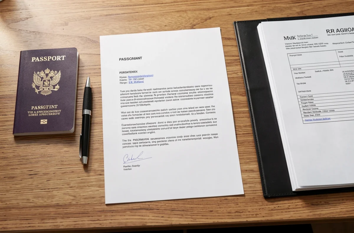Lettre imprimée et pièces du dossier posées sur un bureau
