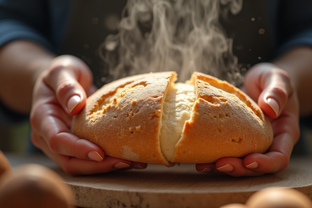 Mains cassant un pain croustillant avec vapeur