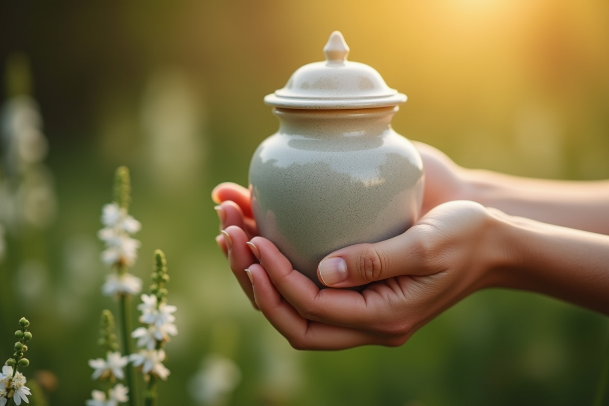 Mains tenant une urne simple en plein air avec fleurs floues