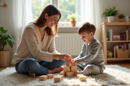 Maman et son enfant jouent avec des blocs en bois dans le salon