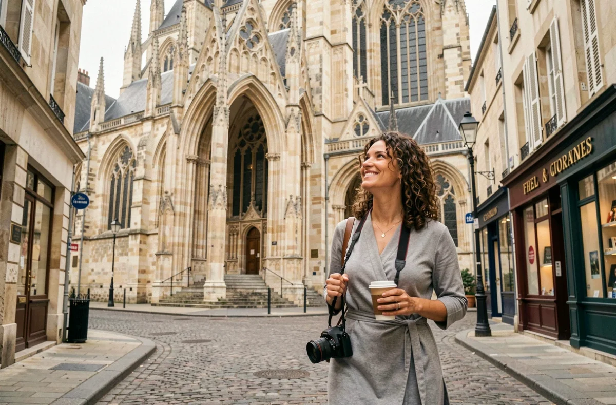 Photographe Margaux se promenant devant la cathédrale d'Amiens avec son appareil photo en bandoulière