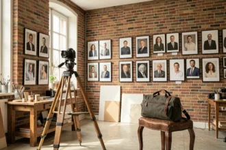 Studio de photographie portrait dans les Hauts-de-France avec des tirages encadrés sur des murs en brique