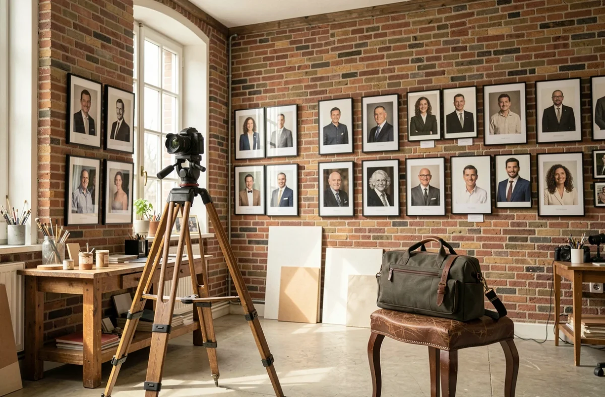 Studio de photographie portrait dans les Hauts-de-France avec des tirages encadrés sur des murs en brique