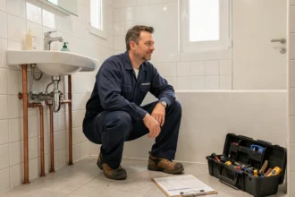 Plombier professionnel en combinaison de travail intervenant dans une salle de bain moderne dans l'Hérault