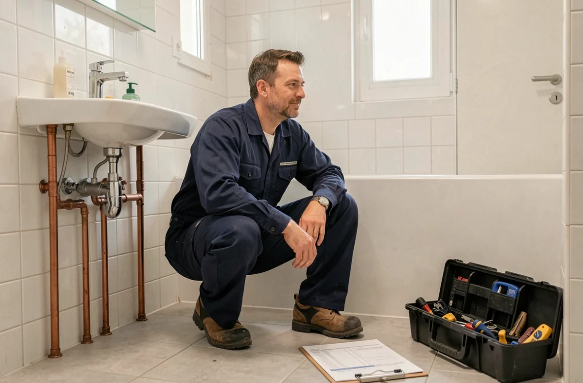Plombier professionnel en combinaison de travail intervenant dans une salle de bain moderne dans l'Hérault