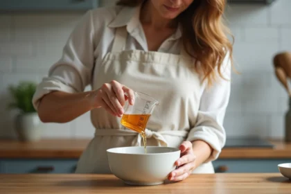 Femme versant 50 ml de liquide dans un bol en céramique avec un verre doseur dans une cuisine moderne