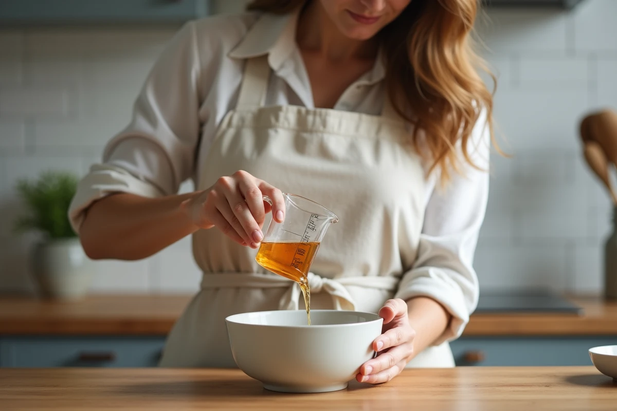 Femme versant 50 ml de liquide dans un bol en céramique avec un verre doseur dans une cuisine moderne
