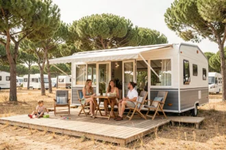 Mobil-home français pour 6 personnes installé sur un camping en plein air avec une famille profitant de la terrasse en bois