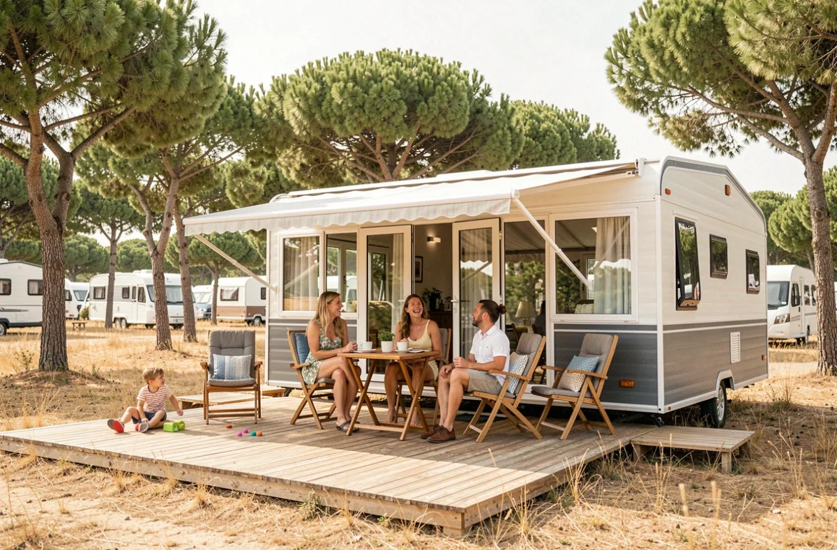 Mobil-home français pour 6 personnes installé sur un camping en plein air avec une famille profitant de la terrasse en bois