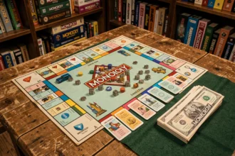 Édition spéciale Monopoly ville vintage ouverte sur une table en chêne avec jetons métalliques, cartes de propriété et billets colorés dans un bureau de collectionneur