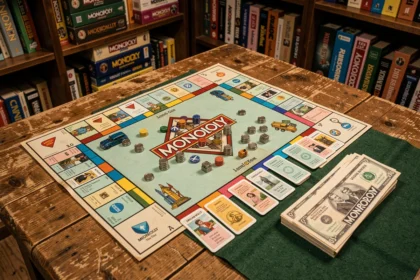 Édition spéciale Monopoly ville vintage ouverte sur une table en chêne avec jetons métalliques, cartes de propriété et billets colorés dans un bureau de collectionneur