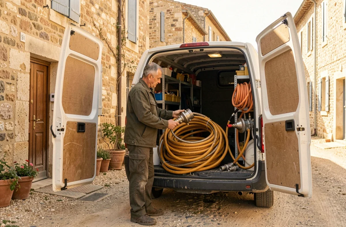 Artisan plombier Music Plomberie chargeant son véhicule devant une maison de village à Cournonterral dans l'Hérault